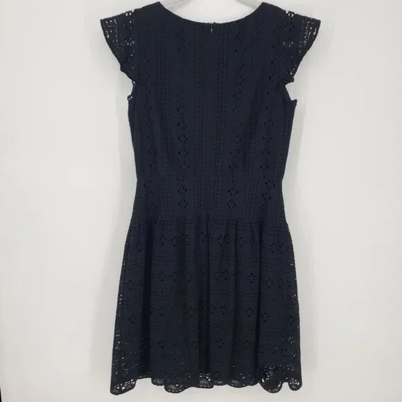 3/$25 LOFT Eyelet Lace Mini Dress 4 Fit and Flare Floune Ruffle Cotton Black - Picture 2 of 10